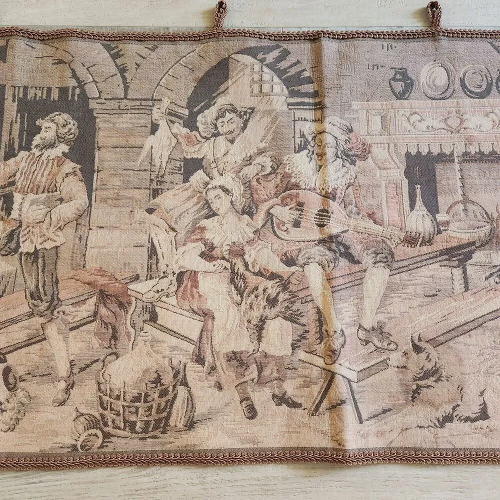 Vtg Belgian Jacquard Tapestry 54x19 Tavern Scene Sepia Woven Wall Hanging 1900s